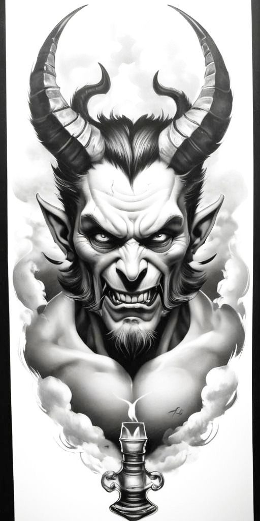 a drawing of a demon with horns on it's head and clouds in the background