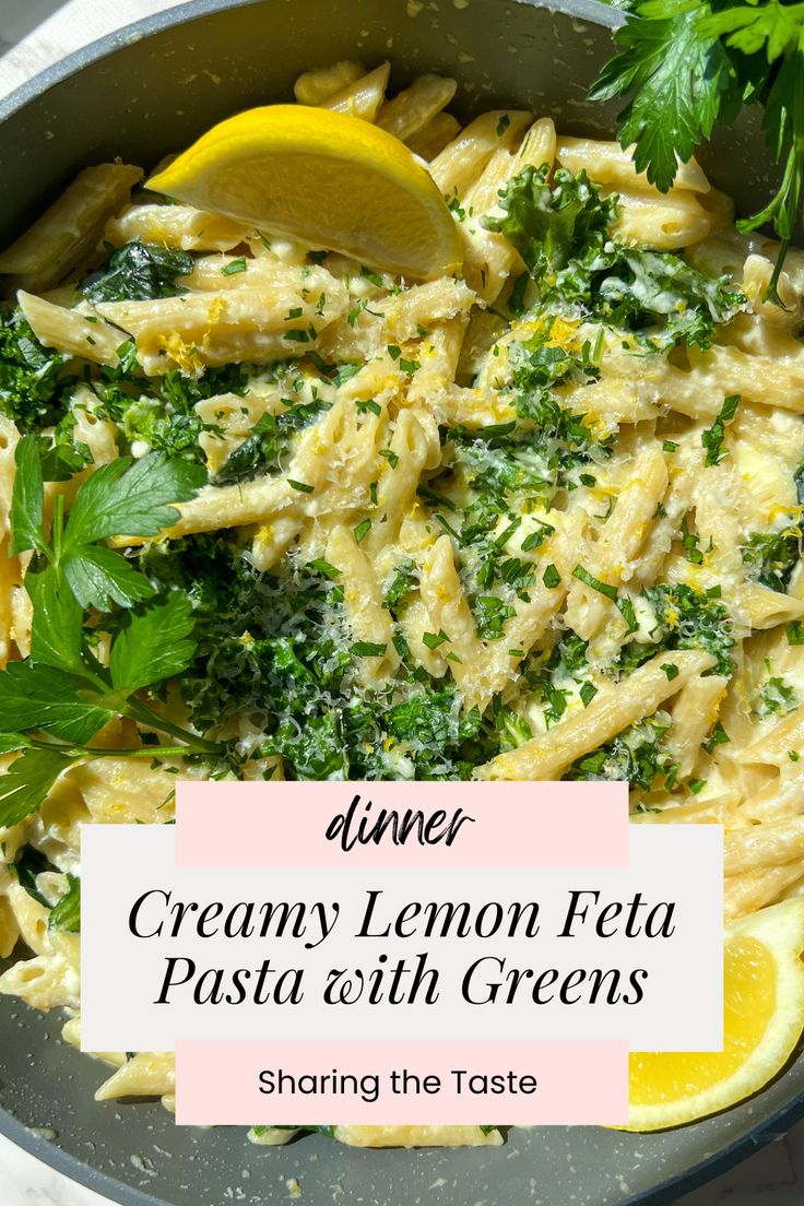 creamy lemon feta pasta with greens in a skillet