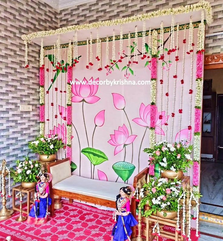 South Indian Baby Shower Function, Simple Seemantham Decoration At Home, Traditional Seemantham Decoration, Seemantham Backdrop, Seemantham Photos, Deepavali Decorations, Seemantham Decoration, Pellikuthuru Decor, Flower Wall Decor Diy