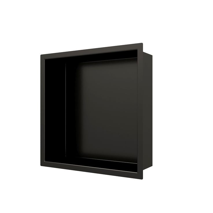 an empty black wall mounted cabinet against a white background