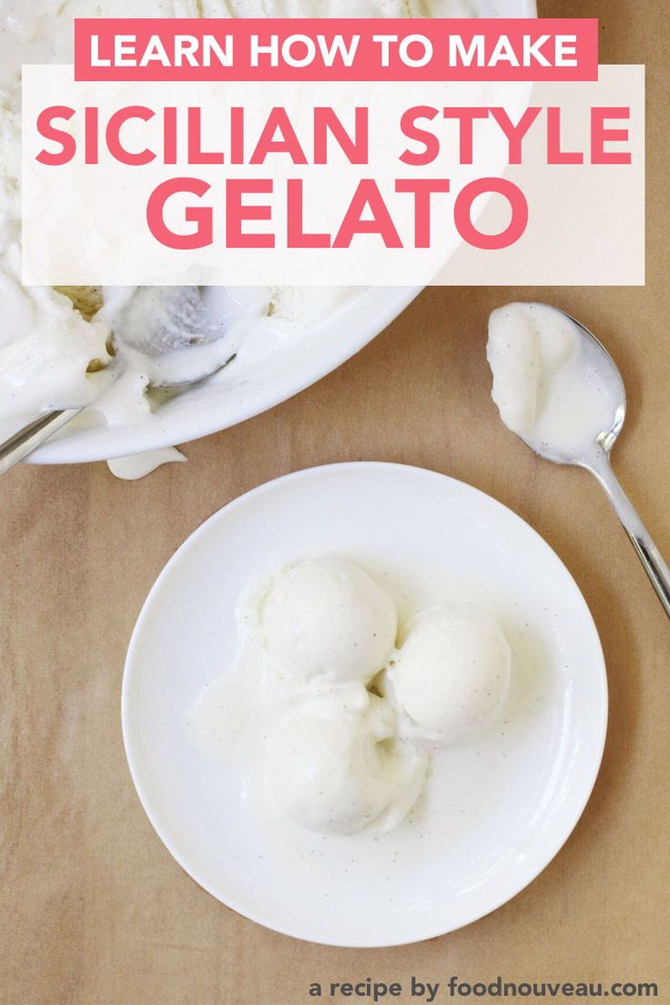 a white plate topped with ice cream next to a bowl of whipped cream and spoons