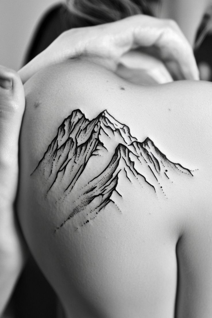 Mountain tattoo on a person's shoulder blade. Adirondack Mountain Tattoo, Snowy Mountain Tattoo, Storm Clouds Tattoo, Tahoe Tattoo Ideas, Colorado Mountain Tattoo, Mountain Goat Tattoo, Colorado Mountains Tattoo, Mountain Sleeve Tattoo, Ice Tattoo