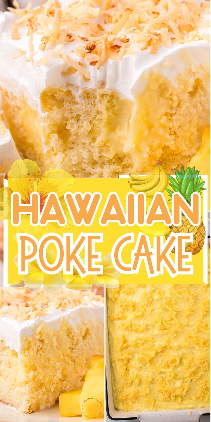 this hawaiian poke cake is made with pineapple and coconut