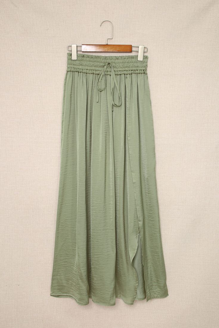 Green Adjustable Drawstring Smocked Waist Maxi Skirt Summer Rayon Maxi Skirt With Elastic Waistband, Spring Maxi Skirt With Elastic Waistband, Casual Summer Maxi Skirt With Gathered Waist, Summer Bottoms With Gathered Waist And Flowy Fit, Bohemian Ruched Bottoms For Summer, Summer Long Skirt With Gathered Waist, Tiered Skirt With Gathered Waist For Vacation, Casual Ruched Long Maxi Skirt, High Waist Ruched Maxi Skirt For Summer