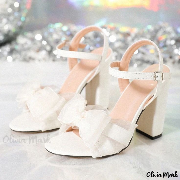 Olivia Mark - White Bow Chunky Heel Sandals with Ankle Strap for Wedding Banquets Summer Formal Wedding Shoes With Round Toe, Summer Prom Block Heels With Closed Toe, Chic Summer Wedding Shoes, Chic Summer Wedding Guest Shoes, Summer Wedding Shoes With Block Heel In Synthetic Material, Summer Wedding Shoes With Block Heel In Synthetic, Chic Round Toe Wedding Sandals, Closed Toe Sandals For Summer Wedding Guests, Low Heel Summer Wedding Guest Shoes