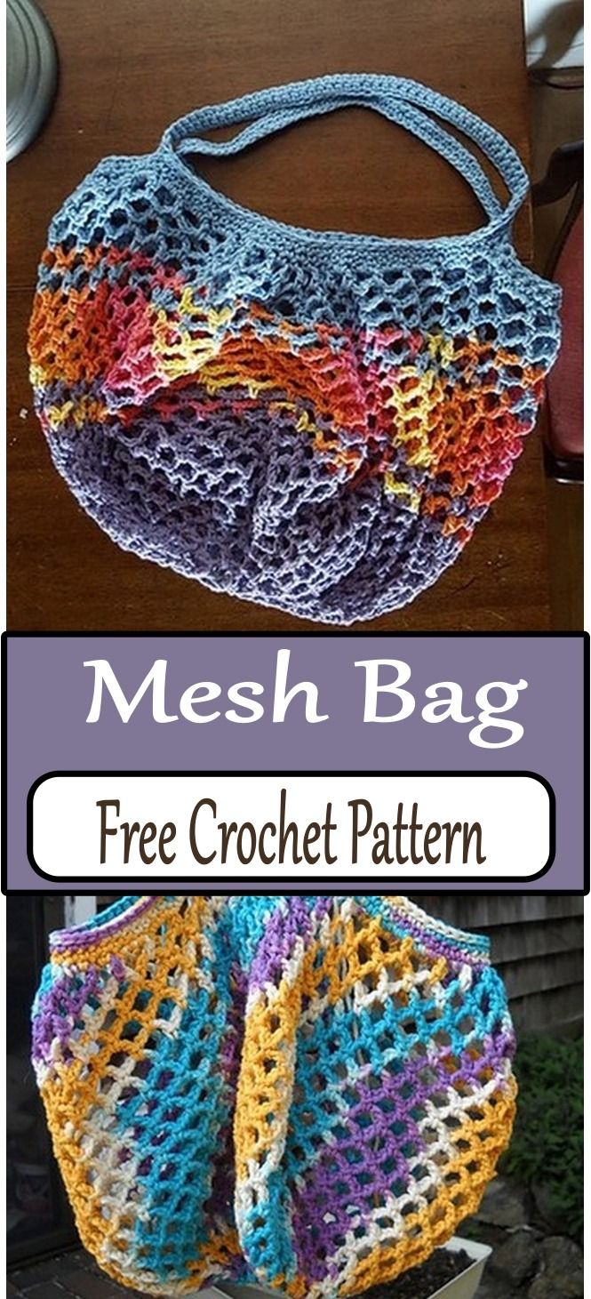 two bags with crocheted handles and the words mesh bag free crochet pattern