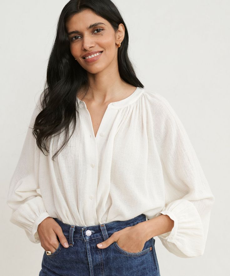 Long-Sleeve Willow Blouse Ivory Whether tucked into denim or left billowy, the long-sleeve version of our bestselling blouse is sure to become an every-season essential. 70% viscose, 30% wool. Made in China of Italian fabric. Lightweight blouse with long sleeves and a slightly boxy fit. Effortless Long Sleeve Tops For Casual Gatherings, Spring Blouse With 3/4 Gathered Sleeves, Chic Bishop Sleeve Blouse For Day Out, Chic Bishop Sleeve Tops For Summer, Billowy Lantern Sleeve Puff Top For Workwear, Billowy Lantern Sleeve Puff Top For Work, Summer Chic Tops With Bishop Sleeves, Casual Summer Blouse With Pleated Sleeves, Chic Blouse With Bishop Sleeves For Day Out