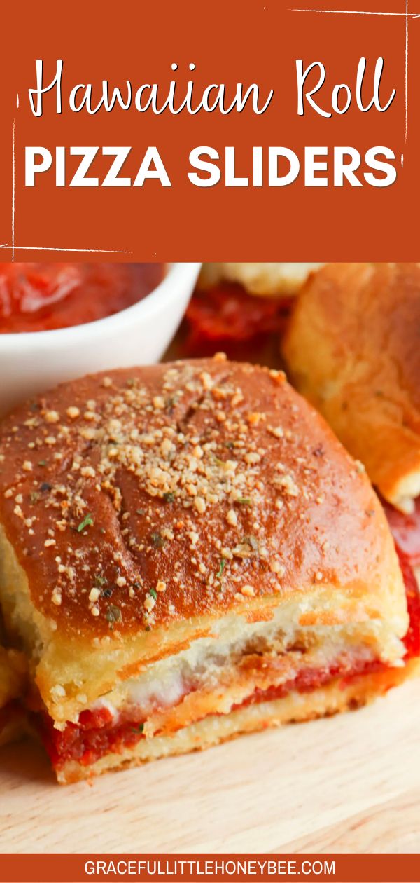 hawaiian roll pizza sliders on a cutting board with sauce and bread in the background