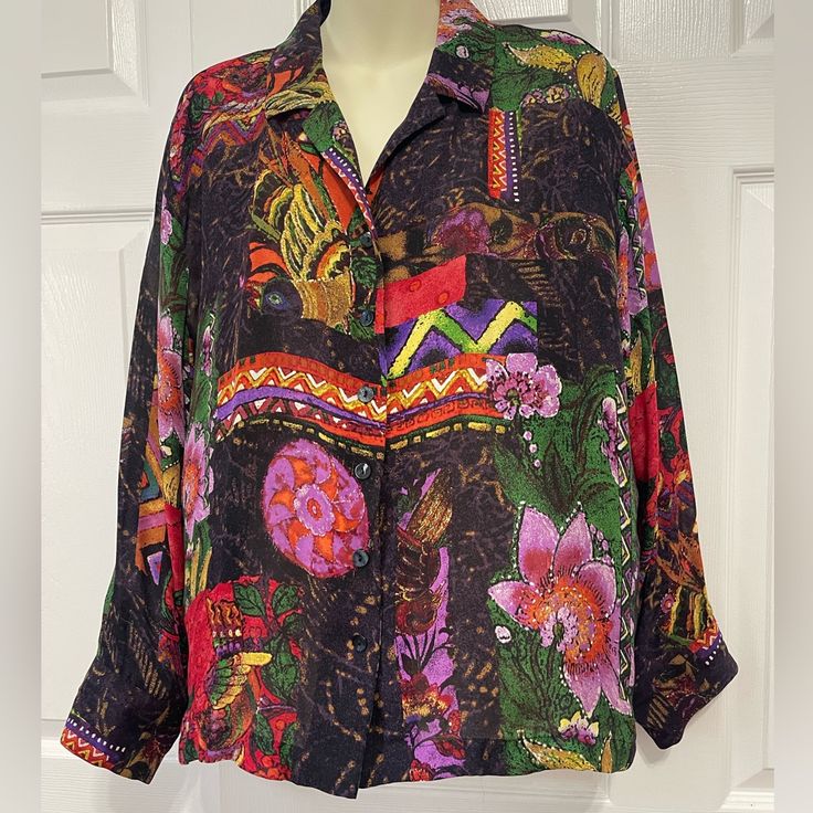 Chico's Women's Blouse - Multi Size 2 (Large)% 100 Silk Oversized Printed Multicolor Blouse, Multicolor Long Sleeve Relaxed Fit Blouse, Casual Long Sleeve Blouse With Vibrant Print, Yellow Oversized Long Sleeve Blouse, Multicolor Blouse With Vibrant Print And Relaxed Fit, Multicolor Print Long Sleeve Relaxed Fit Top, Oversized Vintage Multicolor Tops, Multicolor Print Long Sleeve Top With Relaxed Fit, Relaxed Fit Long Sleeve Multicolor Print Top