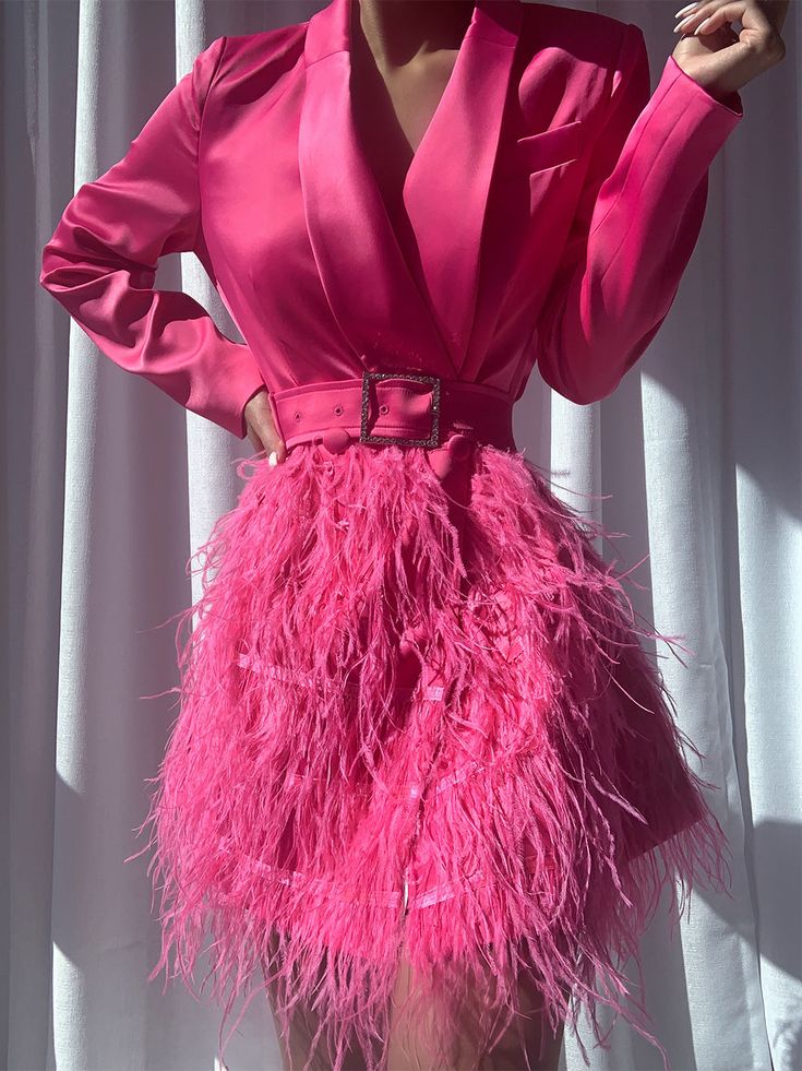 Formal Pink Mini Dress For Fall, Pink Mini Dress For Fall Cocktail, Feather Embroidery, Belted Blazer, Chiffon Maxi, Feather Dress, Fuchsia Color, Chiffon Maxi Dress, Leather Blazer