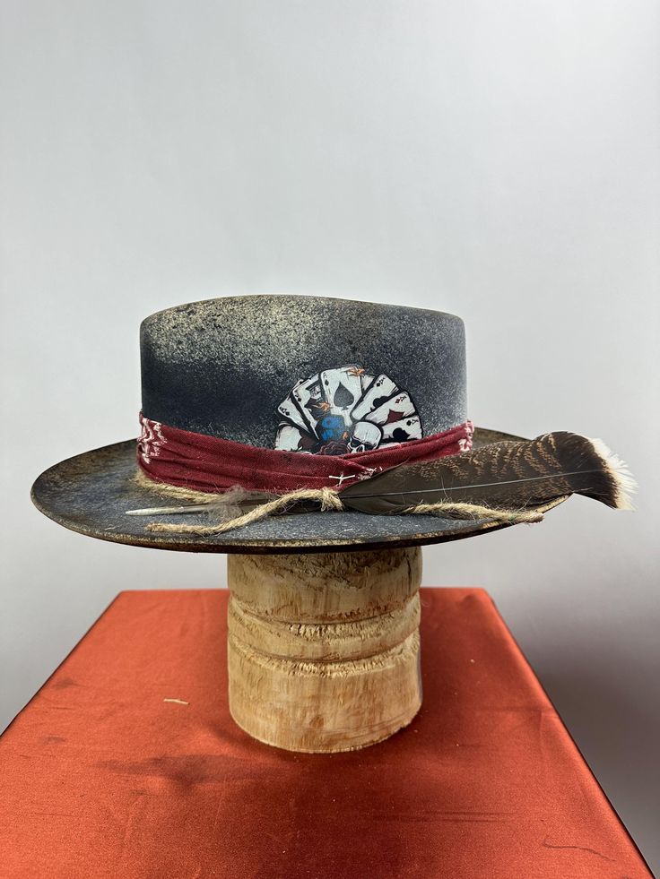 *PRICE INCLUDES $15 HAT BOX* Premium Wool Felt  4 1/4 Crown, 3 inch brim pictured Custom Color, Distressing, Band and Accessories Colors may vary slightly. Although each hat is unique a similar hat can be made in various sizes.  All Sales Final Painted Desert, Desert Painting, Hat Box, Hard Times, Wool Felt, Fedora, Cowboy Hats, Custom Color, Labour Day