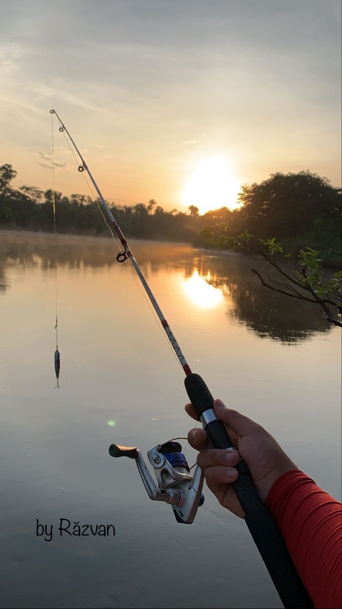 a person holding a fishing rod next to a body of water