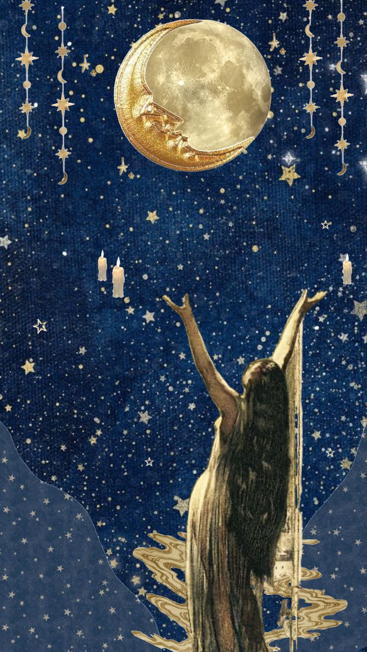 a painting of a woman reaching up to the moon with her arms in the air