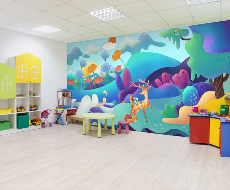 the children's room is decorated in bright colors