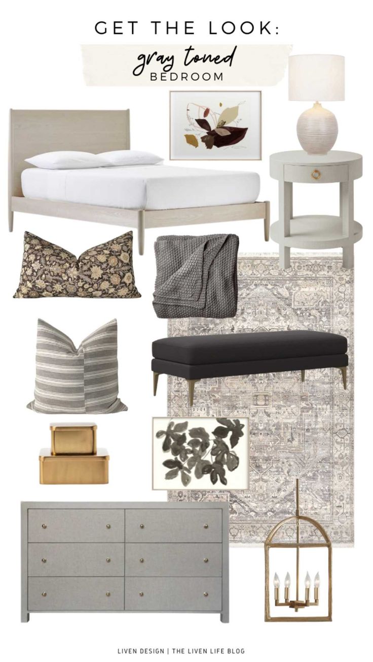 a bedroom with gray and white furniture and accessories