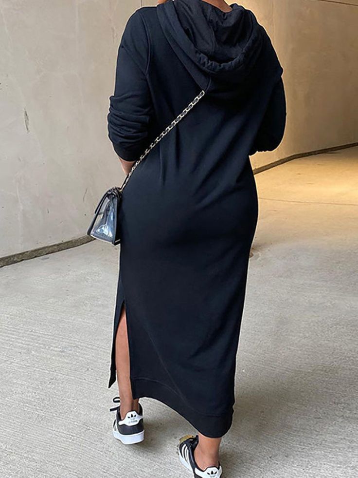 Sweater Dress With Gym Shoes, Oversized Hoodie Dress Luxury, Hoodie Dress Elegant, Hoodie Shirt Dress, Hooded Collar Dress, Black Sweater Dress With Jordans, Long Dresses Travel, Black Sneakers Women Dress, Bodycon Floral Dress