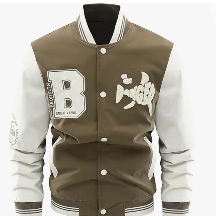 Excellent Quality Casual Varsity Jacket With Stand Collar For Spring, White Varsity Jacket With Baseball Collar For Fall, Spring Varsity Jacket With Stand Collar, Casual White Varsity Jacket With Stand Collar, Spring Letter Print Outdoor Outerwear, White Varsity Jacket For College In Fall, White Baseball Collar Outerwear With Pockets, White Outerwear With Baseball Collar And Pockets, White Stand Collar Outerwear For Outdoor