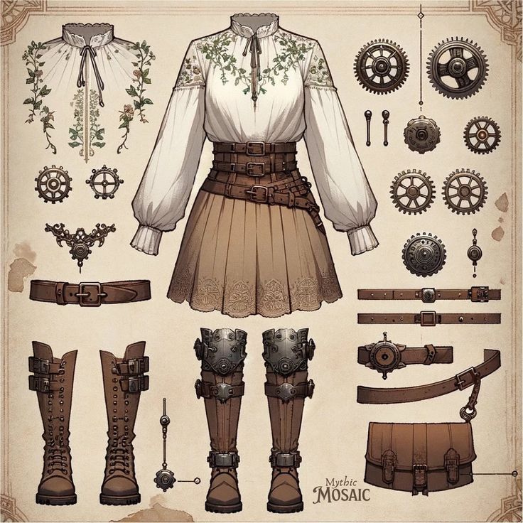 a paper doll is shown with steampunk clothing and garters on it