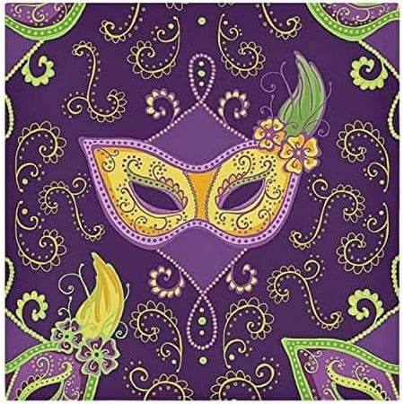 a purple and yellow masquerade mask with green leaves on the side, surrounded by swirls