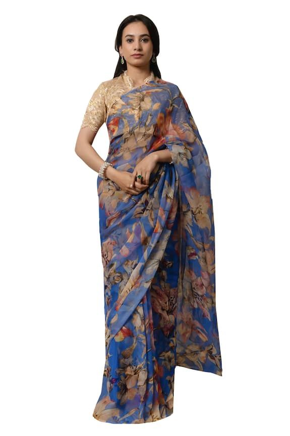 Violet blue saree featuring multi-color floral print all over. Comes with an unstitched blouse piece. - Aza Fashions Blue Bollywood Saree With Kalamkari Print, Blue Kalamkari Pre-draped Saree For Diwali, Blue Kalamkari Bollywood Saree, Transitional Blue Saree With Kalamkari Print, Blue Bollywood Blouse Piece With Kalamkari Print, Blue Saree With Kalamkari Print For Transitional Season, Blue Kalamkari Print Pre-draped Saree For Diwali, Blue Kalamkari Print Saree For Navratri, Blue Semi-stitched Blouse Piece With Kalamkari Print