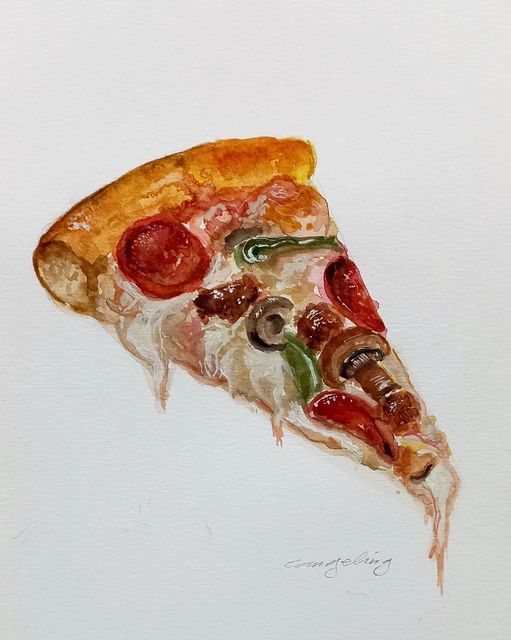 a piece of pizza with different toppings is shown on a white paper background,