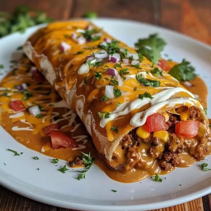 two burritos on a white plate topped with cheese and tomatoes, garnished with cilantro