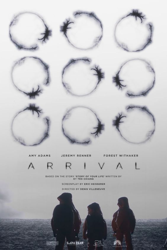 the poster for arrival is shown with people standing in front of water and barbed wire