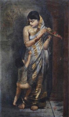 a painting of a woman holding a child in her lap and looking at something on the ground