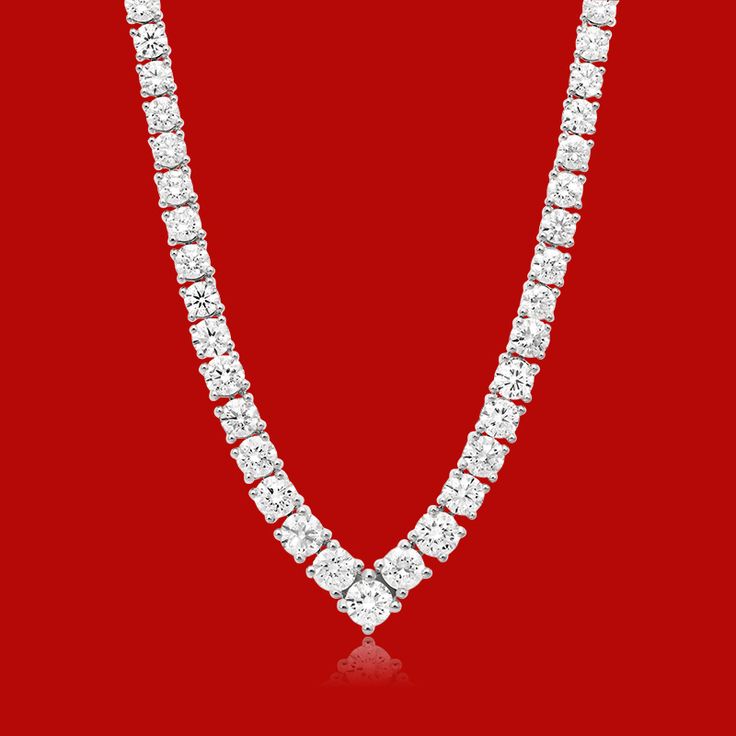 14K White Gold Chevron Lab-Created Diamond Tennis Necklace. For the one you adore, this diamond necklace shines with exquisite beauty. Crafted in 14K white gold, this incredibly simple-yet-strikingly graduated-size diamonds will take her breath away. Radiant with 7 ctw. diamonds and buffed to a brilliant luster, this necklace secures with a snap lock. Dazzling Diamond White Platinum Necklace, Dazzling Platinum Necklace In Diamond White, White Moissanite Brilliant Cut Tennis Necklace, White Platinum Tennis Necklace With Diamond Accents, Luxury Necklace With Diamond Accents And Lab Grown Diamonds, Formal White Gold Necklace With Lab Grown Diamonds, Luxury Lab Grown Diamond Necklace With Accents, Luxury Necklace With Brilliant Cut Lab Grown Diamonds, Dazzling White Diamond Necklace With Accents