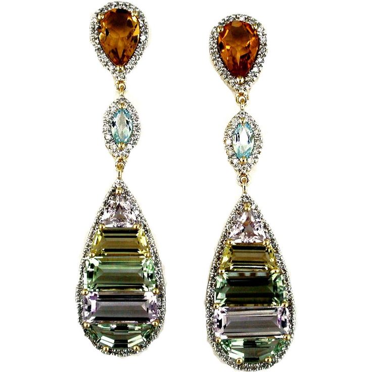 Royal 14K Yellow Gold Multi-Colored Gemstone Cluster Earrings - 0.52 Carat Diamonds Luxury Multi-stone Earrings For Formal Occasions, Elegant Multi-stone Diamond Earrings, Elegant Multi-stone Diamond Earrings For Formal Occasions, Formal Multi-stone Fine Jewelry Earrings, Formal Multi-stone Diamond Earrings, Exquisite Multi-stone Yellow Gold Earrings, Exquisite Yellow Gold Multi-stone Earrings, Elegant Oval Multi-stone Earrings, Formal Yellow Gold Multi-stone Earrings