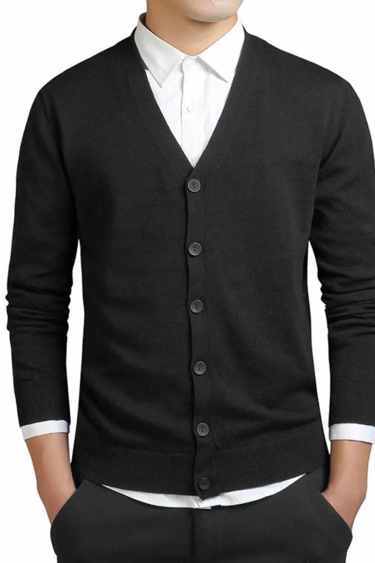 Men's Slim Fit V-Neck Cardigan - A.A.Y FASHION. The men's cardigan is a slim fit-knit sweater, ideal for days and evenings that are a bit chilly. This model comes with a classic fit. It is characterized by a V-neck with a structure at the back of the shoulders, tone-on-tone buttons, and set-in sleeves. It also features ribbed coated cuffs and a waistband for better fit. This cardigan is made with 100% cotton, which makes it comfortable to wear. It is an ideal sweater for a casual style with fine Cotton V-neck Sweater, Black Cotton Button-up Cardigan, Winter Cotton Button-up Cardigan, Classic Cotton V-neck Sweater For Winter, Classic Button-up Cotton Cardigan, Black Cotton Cardigan With Buttons, Black Cotton V-neck Sweater, Classic Black V-neck Cardigan, Cotton V-neck Outerwear For Layering