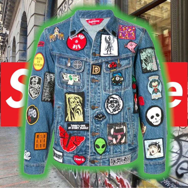 Grail Alert2018 Supreme Patches Denim Trucker Jacket Super Rare % Authentic Grail Alert Ss18 5/17/2018 Streetwear Official Supreme Streetwear Official Carries The Latest And Greatest From The Hottest Independent Streetwear Brand Out Carrying Streetwear Styles From The Latest Hip Hop Collaborators In The Game All Cotton Denim With Button Front Closure And Custom Patches On Front, Back And Sleeves Hand Pockets At Lower Front And Chest Pockets With Button Closures 2018 Supreme Patches Denim Trucker Jacket Unisex Size Med Shoulder Width 48cm /18.9inch Chest Width,Pit To Pit 56cm/22.Inch Sleeve Length 64cm/25.2i Casual Long Sleeve Denim Jacket With Logo Patch, Trendy Long Sleeve Outerwear With Logo Patch, Denim Long Sleeve Outerwear With Logo Patch, Long Sleeve Outerwear With Logo Patch For Spring, Fall Cotton Denim Jacket With Logo Patch, Streetwear Denim Jacket With Logo Patch, Urban Blue Denim Jacket With Patch Pockets, Blue Long Sleeve Outerwear With Logo Patch, Trendy Streetwear Outerwear With Logo Patch