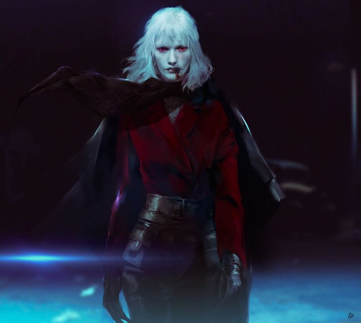 a woman with white hair and black gloves in a red outfit standing on a dark background