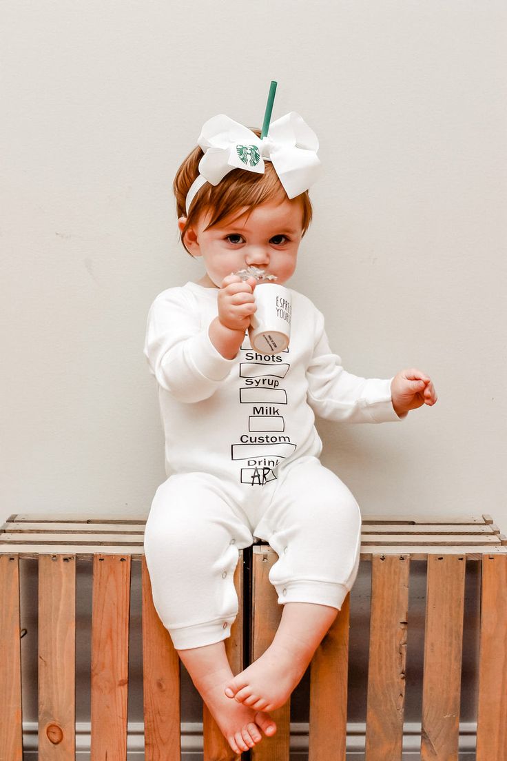 Starbucks Cup Costume – South of Urban Shop Starbucks Toddler Costume, Dutch Bros Halloween Costume, Baby Coffee Costume, Starbucks Baby Costume, Starbucks Baby Photoshoot, Starbucks Costume Kids, Cute Onesie With Name Print For Playtime, Playful White Fitted Jumpsuits And Rompers, Customizable Fitted Playful Onesie