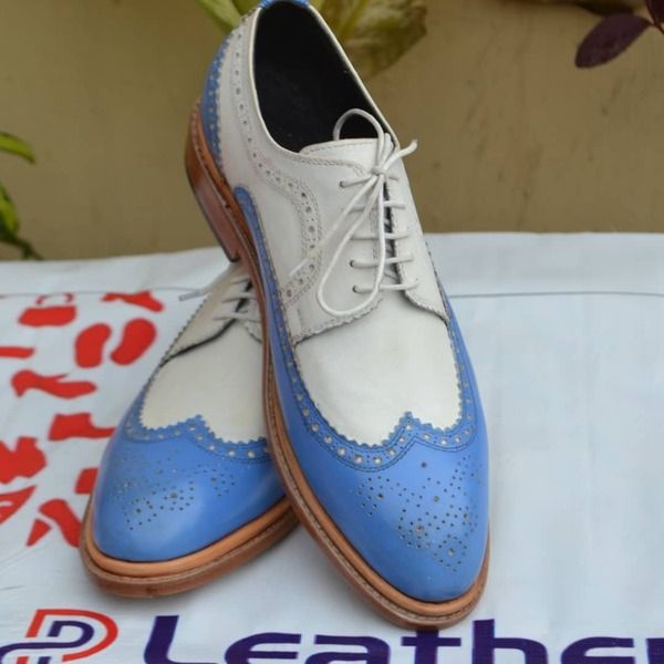 Handmade Blue White Leather Men Wingtip Oxford Dress Shoes on Storenvy Fitted Blue Oxfords With Brogue Detailing, Fitted Blue Oxfords For Business, Blue Leather Work Shoes, Blue Fitted Dress Shoes For Semi-formal Occasions, Blue Oxfords With Brogue Detailing For Spring, Blue Brogue Oxfords For Spring, Classic Blue Pointed Toe Oxfords, Spring Blue Oxfords With Brogue Detailing, Blue Pointed Toe Oxfords For Formal Occasions