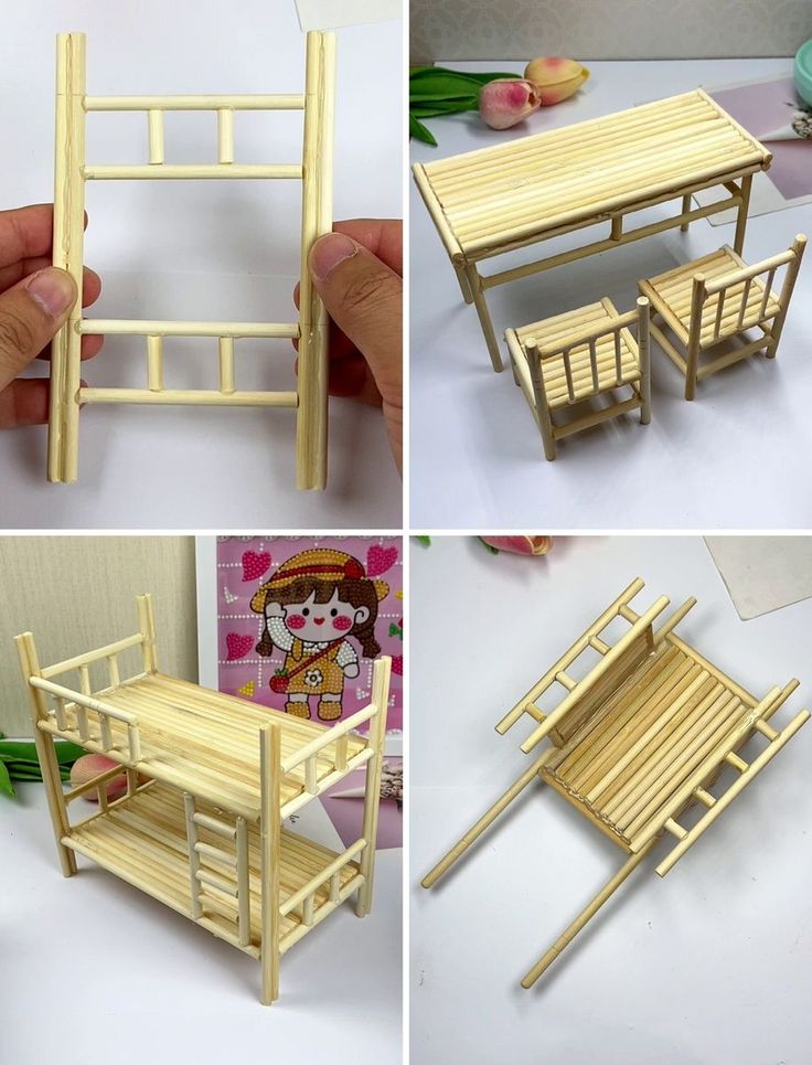 four different views of a doll house made out of wooden sticks and wood slats