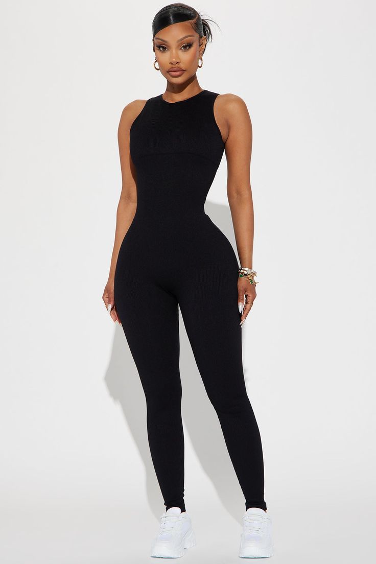 Available In Black, Charcoal, And Sand. Active Jumpsuit Seamless Ribbed Crew Neck Sleeveless Back Cut Out Skinny Leg Stretch 92% Nylon 8% Elastane Imported | Effortless Kim Ribbed Seamless Jumpsuit in Black size 1X/2X by Fashion Nova Seamless Jumpsuit, Fashion Nova Jumpsuit, Workout Style, Backless Jumpsuit, Leg Stretching, Short Jumpsuit, Black Jumpsuit, Black Charcoal, Workout Clothes