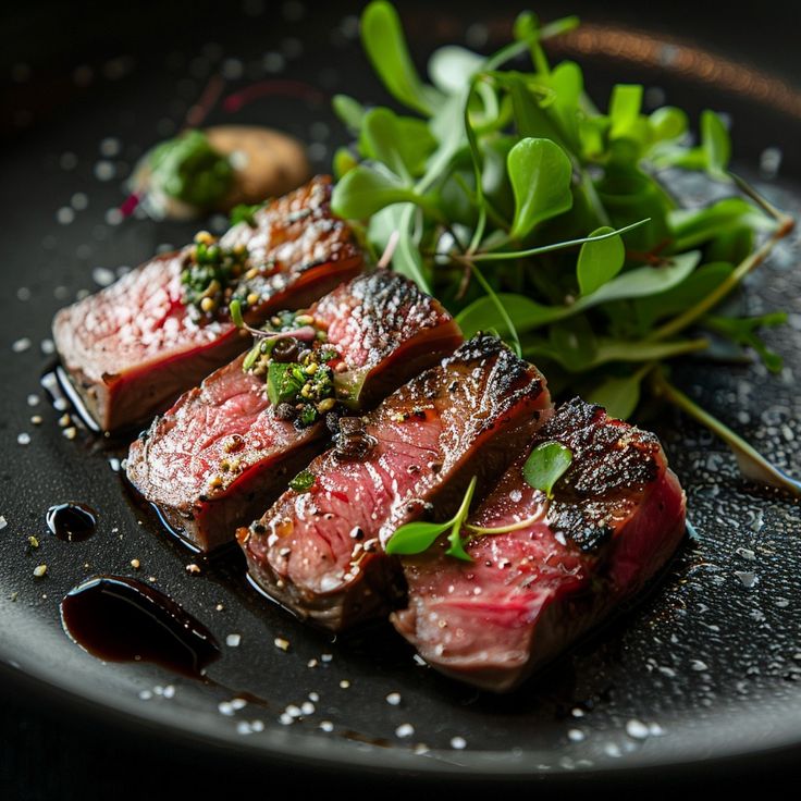 some meat and greens on a black plate with sauce in the middle for garnishes