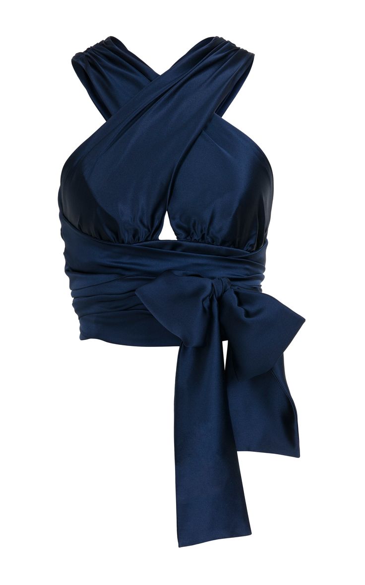 Jessica Choay strap wrap crop top in navy silk -- great update on the holiday LBD Blue Crop Top, Wrap Crop Tops, Blue Crop Tops, Modieuze Outfits, Looks Chic, Strap Top, Blue Top, Mode Inspiration, Wrap Around