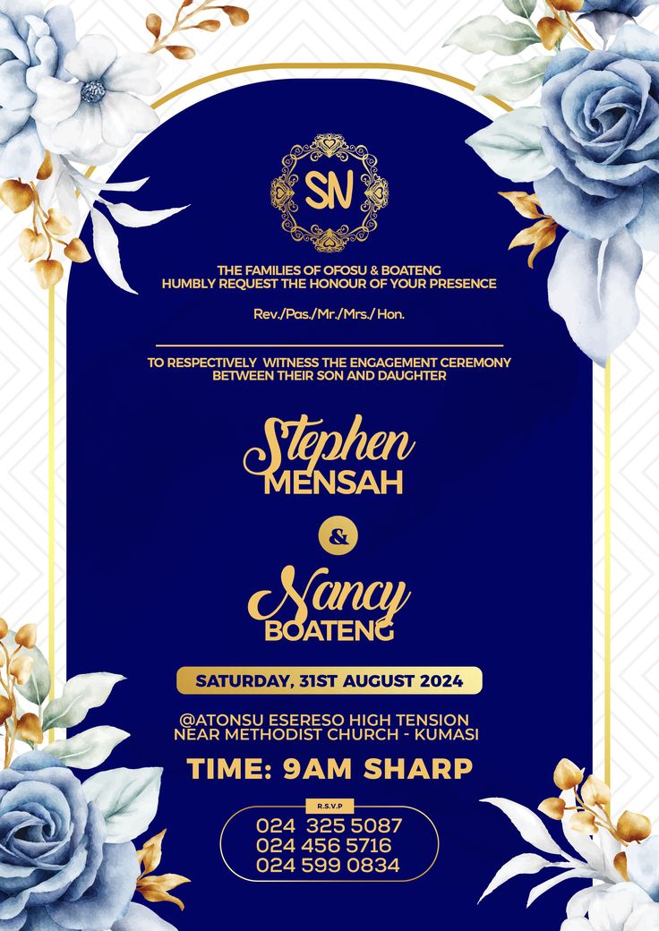 a blue and gold wedding card with flowers