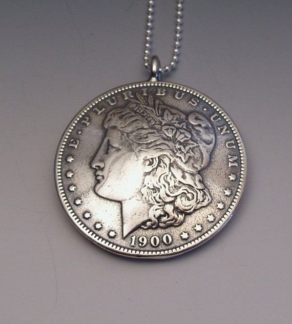 Silver Lady Dollar Pendant made from US Morgan Dollar Coin Handmade Sterling Silver Coin Necklace, Handmade Vintage Round Coin Necklace, Collectible Sterling Silver Coin Necklace With Round Pendant, Vintage Sterling Silver Coin Jewelry, Vintage Sterling Silver Coin Necklace In Silver, Unique Collectible Coin Shaped Jewelry, Sterling Silver Coin Necklace With Round Pendant For Collectors, Silver Coin Shaped Stamped Jewelry, Vintage Silver Coin Jewelry