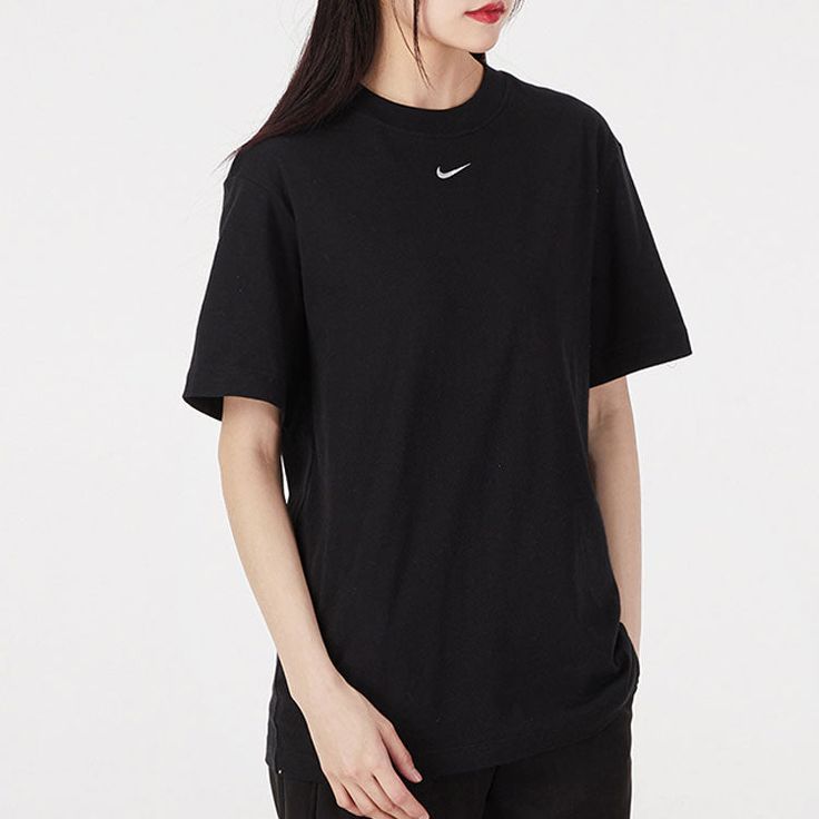 Nike AS W Sportswear Sportswear ESSNTL Tee BF LBR Black WHITE T-shirt Black T Shirt, Nike Sportswear, White Tshirt, Women's Nike, Black Tshirt, Tshirt Dress, Nike Women, Round Neck, Shirt Dress