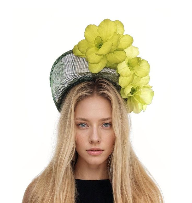 Forest Dark Green Acid Apple Lime Halo Crown Kentucky Derby Fascinator Hat Padded Headband  Wedding Cocktail Percher Tea Party Headpiece Hat Spring Summer Hat & Fascinator Collection Antoinette Fascinator Hat Gorgeous lime green silk flowers with crown style forest dark green sinamay base Base measures about 8cm high This dark green and lime headpiece is mounted with a matching headband. If you prefer a headband to match your hair, please make a note at check out what colour headband you want. T Spring Church Fascinator, Summer Church Fascinator With Headband, Fitted Summer Hair Accessories With Handmade Flowers, Formal Mini Hat Headband For Summer, Formal Summer Mini Hats With Headband, Formal Summer Mini Hat Headband, Summer Hair Accessories With Handmade Flowers, Summer Formal Costume Headband, Spring Headband With Pinched Crown