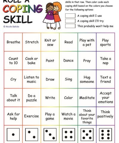 the rolla coping skill sheet for children to practice their spelling and numbers with dices