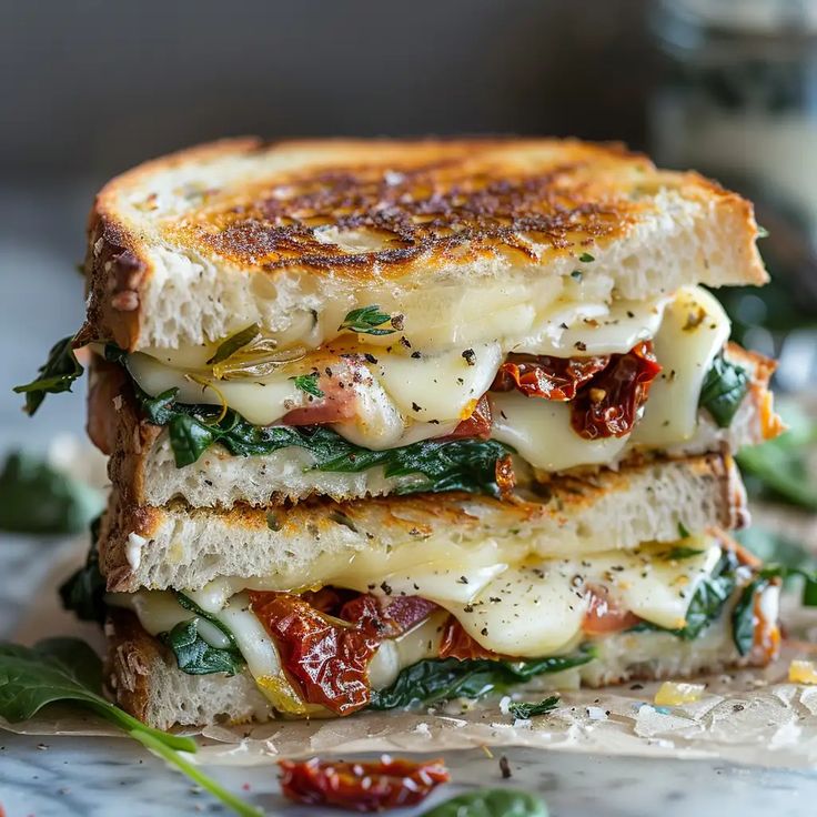 two grilled cheese sandwiches stacked on top of each other with fresh herbs and tomatoes