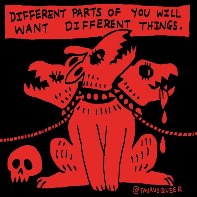 a red and black drawing of a dog with a skull on it's collar