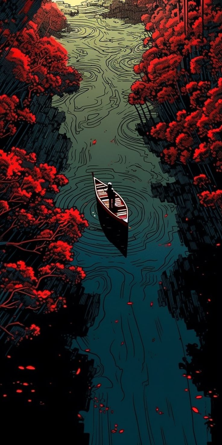 a boat floating on top of a river surrounded by trees and red flowers in the water