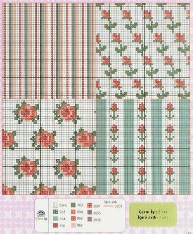 cross stitch pattern with roses and stripes on the side, along with other patterns for quilting