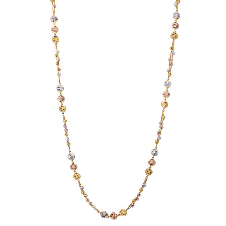 Adorn yourself in the splendor of Virani Jewelers' 22k gold beaded chain. Each bead exudes the irresistible beauty of 22k gold, a tribute to the legacy of Indian jewelry artistry. This gold chain is more than an adornment; it is a reflection of grace and refinement. With a subtle, yet striking presence, this piece of Indian gold jewelry effortlessly enhances any attire. Virani's commitment to quality ensures that this 22k multi-tone gold chain is a statement of enduring luxury. Embrace the allur Gold Round Beads Fusion Necklace, Fusion Style Gold Beaded Necklaces, Gold Fusion Beaded Necklaces With Round Beads, 22k Yellow Gold Necklaces With Polished Beads, 22k Gold Necklace With Beaded Chain, 22k Gold Beaded Chain Necklace As Gift, 22k Gold Beaded Chain Necklaces For Gift, 22k Gold Beaded Chain Necklace For Gift, 22k Gold Necklace With Beaded Chain For Gift