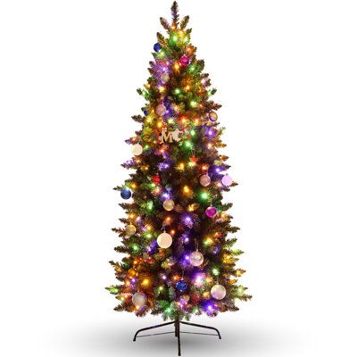 a multicolored christmas tree with lights on it's top and bottom branches